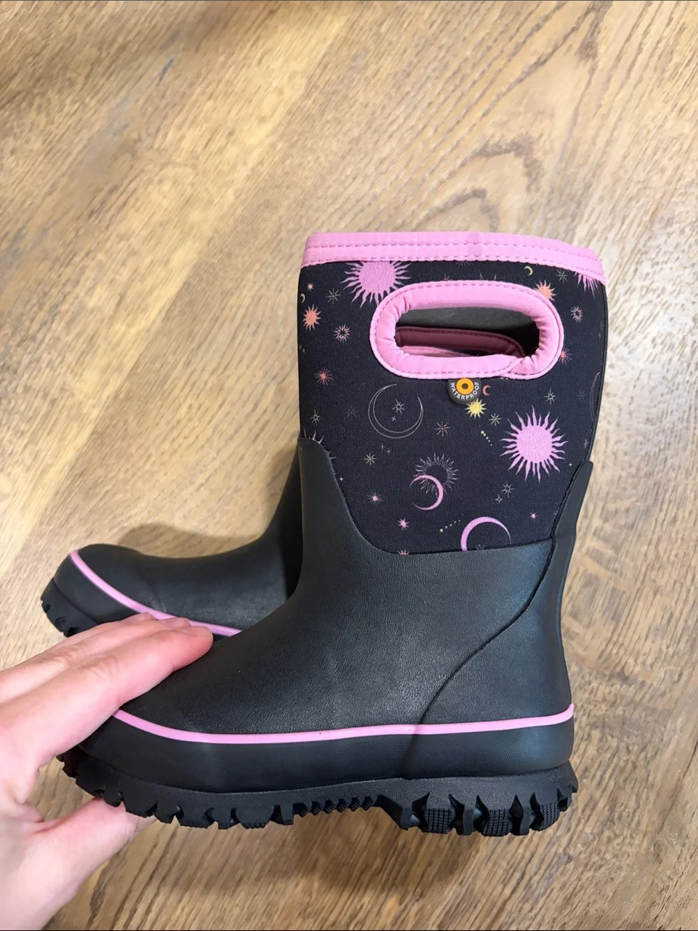 Bogs Kids Black Rain Boots with Pink Trim and Starburst Print NWOT